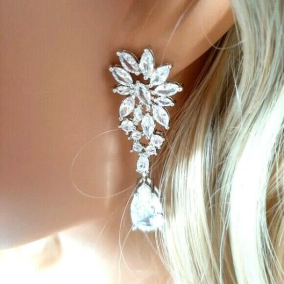 Bridal Jewelry Earrings Statement Earrings Cubic Zirconia Earrings Dangle Drop - Picture 4 of 4